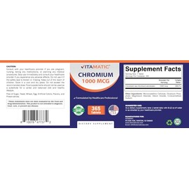 Vitamatic Chromium 1000 mcg | 365 Tablets | High Potency Chromium Picolinate | Non-GMO, Gluten Free