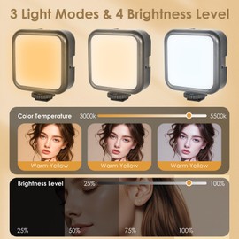 Journeyside Mini LED Video Light, 62 LED Beads with 3 Cold Shoe Included, Portable Camera Light 1200 mAh, Camera Light Small 3000K-5500K with 3 Light Effects for Recording, Live Streaming (with Clip)