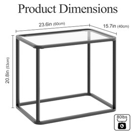Garden 4 you Glass Side Table, Rectangle End Table with Metal Frame, Modern Bedside Table for Office, Bedroom, Living Room, Study, Small Spaces,Easy Assembly,23.6x15.7x20.8 Inches,Black