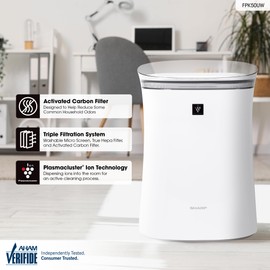 SHARP Air Purifier with Plasmacluster Ion Technology for Medium-Sized Rooms, Bedroom, or Office. Odor and True HEPA Filter for Dust, Smoke, Pollen, & Pet Dander may last up-to 2 years each. FPK50UW.