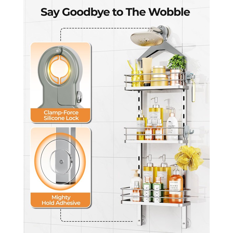 ODesign 3 Tier Height-Adjustable Shower Caddy Hanging Anti-Swing-Over The Shower