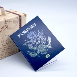 The UK Factory DIY Surprise Mini Suitcase & Mini Gold foil Pretend USA Passport Reveal Gift bundle (DIY). Perfect for Valentines, vacations, birthday, family trips away!