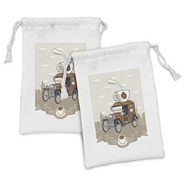 Ambesonne Cars Fabric Pouch Set of 2, Old Fashioned Car with Coffee Cup on the Top Caffeine Beverage Hot Drink, Small Drawstring Bag for Toiletries Masks and Favors, 9" x 6", Caramel Cocoa White