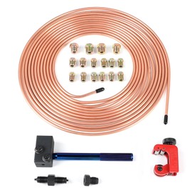 Copper Coated Brake Line Replacement Kit 3/16 Inch x 25 Feet – Tubing Coil with Fittings, Corrosion Resistant, Flexible Alloy, Inverted Flare, Includes Double Flaring Tool and Pipe Cutter