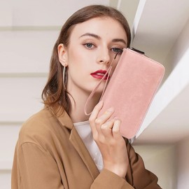 VONCOSS Women's RFID Blocking Leather Wallet - Large Capacity Double Zip Around Clutch with Wristlet,Secure Travel Purse and Phone Holder