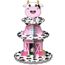 Decoraciones de cumpleaños de Holy Cow I'm One – Soporte de cartón con estampado de vaca de 3 niveles para fiesta de primer cumpleaños, soporte para cupcakes de animales de granja con tema La Vaca