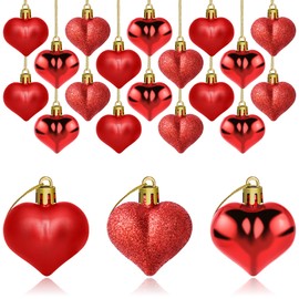 Yuronam 24 PCS Heart Ornaments 3 Different Finishes Heart Shaped Hanging Ornaments for Wedding Christmas Tree Mother's Day Anniversary Party Decoration (Red)