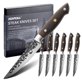 KONOLL Steak Knives Set of 6 Steaks Knife 5 inches Half Serrated Blade Forged Handmade with Japanese AUS-8 Premium Carbon Steel with Full Tang Rose Wood Handle
