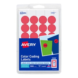 Avery Print/Write Self-Adhesive Removable Labels, 0.75 Inch Diameter, Red, 18 Packs (5466)