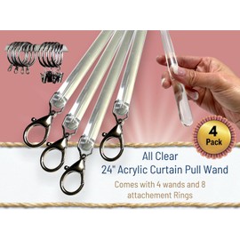 24 inch (4 Pack) All Clear Acrylic Curtain Pull Wand - Clear Curtain Wand