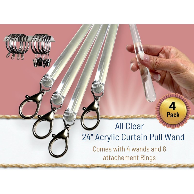 24 inch (4 Pack) All Clear Acrylic Curtain Pull Wand