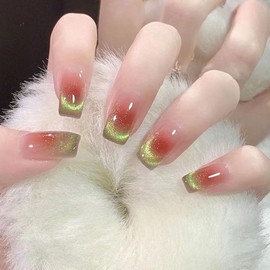 TUOKAY Short Coffin Press on Nails Cat-Eye Effect Glossy Glitter Fake Nails Full Cover False Nails for Women and female,10pcs Glue On Nails (Short cat eye1)