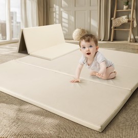 TODIBY Foam Baby Play Mat: PU Leather Waterproof Kids Playmat - Trifold Floor Mat - Large Play Mat for Playpen Thick Pad Fodable Mattress Soft Toddler Mattress Infant Cushion for Preschool (Beige)