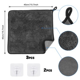 BITOYO Pack of 3 Microfibre Car Drying Cloths 40 x 40 cm 600 GSM Fluffy Car Care Cloths for Drying and Polishing Super Soft Lint-Free Absorbent with Hooks for Car Motorcycle Boat Household