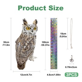 Lifreer 3PCS Reflective Bird Scarer Devices Owl Hanging Decoration Woodpecker Control Device with Reflective Tape to Frighten Birds Away from Garden Patio Pool