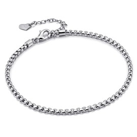 SHIBIDEBAOHUA 925 Sterling Silver 3mm Italian Round Box Chain Adjustable Anklet with Lobster Clasp, Up to 10.5 inches for Women (Silver)