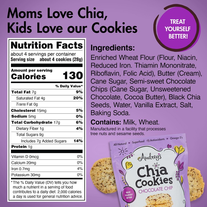 Audrey's Chia Cookies - (Chocolate Chip, 4 Pack), Natural, Antioxidants,