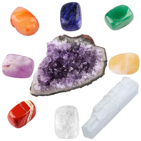 TUMBEELLUWA 7 Chakra Crystal Set Stone Healing Kit Gemstone Natural Quartz Meditation Reiki,Selenite Stick+7 Chakra Stone+Amethyst Crystal Cluster