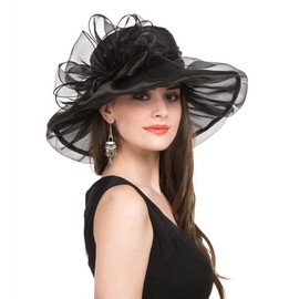 Women's Organza Church British Fascinator Bridal Tea Party Wedding Hat Summer Ruffles Cap（H5-Black Bowknot）