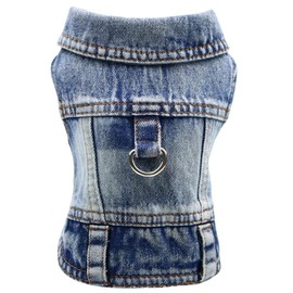 LKEX Dog Jean Jacket, Blue Denim Shirt Classic Lapel Vest Coat Costume Puppy T-Shirt, Comfort Tank Top Cool Apparel, Washed Pet Clothes for Dogs Boy Girl (with D-Ring, Medium)