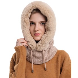 JFAN Women Winter One Piece Fleece Hat Pullover Knitted Neck Warmer Scarf Cap with Windproof Men Face Cover,Beige