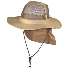 Tropic Hats Summer Wide Brim Mesh Safari/Outback W/Neck Flap & Snap Up Sides - Khaki L