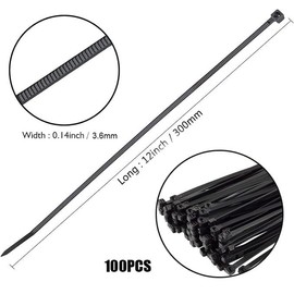 100 PCS Black Plastic Cable Tie 300mm x 3.6mm, 12'' Heavy Duty Strong Nylon Premium Self Locking Long Zip Tie Wraps for Wire Management, Home Office Garden DIY