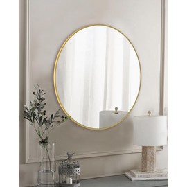 WFEVL Gold Round Mirror,Bathroom 24 Inch Vanity Wall Mirror,Modern Circle Mirror for Wall,Wood Mirror for Bedroom Living Room Entryway