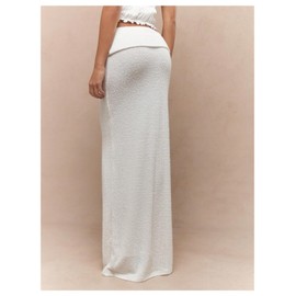 Milumia Women's Ribbed Knit Maxi Skirt Fold Over Floor Length Casual High Waist Long Skirts White Large