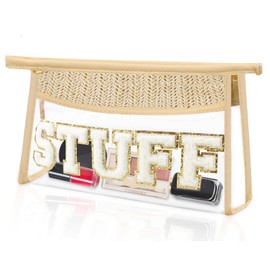 AnTmor BOHO Clear Sunscreen Makeup Bag with Zipper Chenille Letter Patch Cosmetic Waterproof Pouches PVC Toiletry Bag for Summer Beach Vacation Traveling Women Teenager Girls Trendy (Stuff)