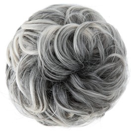 JJstar Big Curly Wavy Hair Piece Human Hair Fake Elastic Bun Hair Extension for Women and Girls (Grey with White Strands)