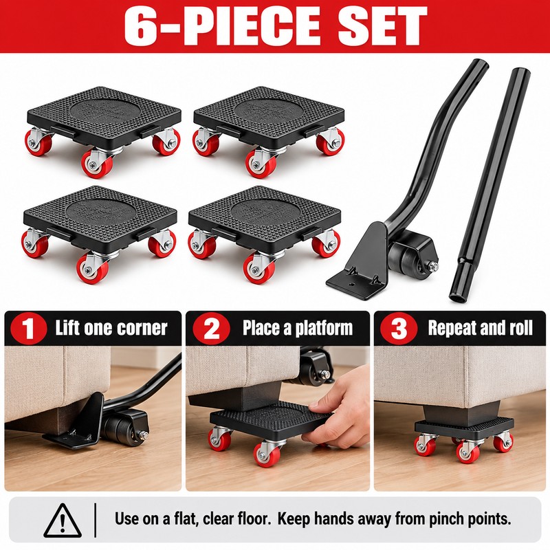 6-Piece Furniture Mover Tool Set with Lifter, Extension Bar and
