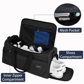 FIORETTO 50L Mens Sports Gym Bag with Wet Pocket & Shoe Compartment,Travel Duffle Bag Overnight Bag with Padded Shoulder Strap, Water-Resistant Sports Holdall for Swimming, Basketball Black