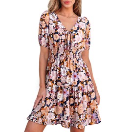 Dokotoo Women Dresses Deep V Neck Ruffle Flowy Dress Puff Sleeve Purple Dresses Shirred Elastic Waist A-Line Summer Dress Smocked Boho Dress Causal Beach Dress Medium