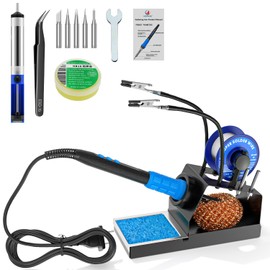 KEPIOG Soldering Iron Kit, 100W High Power LCD Soldering Iron, 2 Helping Hands Soldering, Flux, Iron Tips, Tin Wires, Solder Sucker, Tweezers. °C/℉ Conversion, Auto Sleep，Temperature Calibration