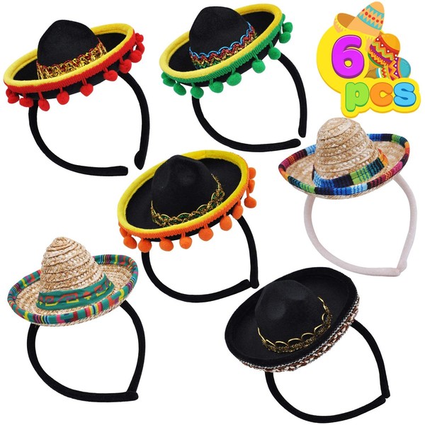 JOYIN 6 PCS Cinco De Mayo Fiesta Fabric and Straw Sombrero Headbands Party Costume for Fun Fiesta Hat Party Supplies, Luau Event Photo Props, Mexican Theme Decorations and Party Favors