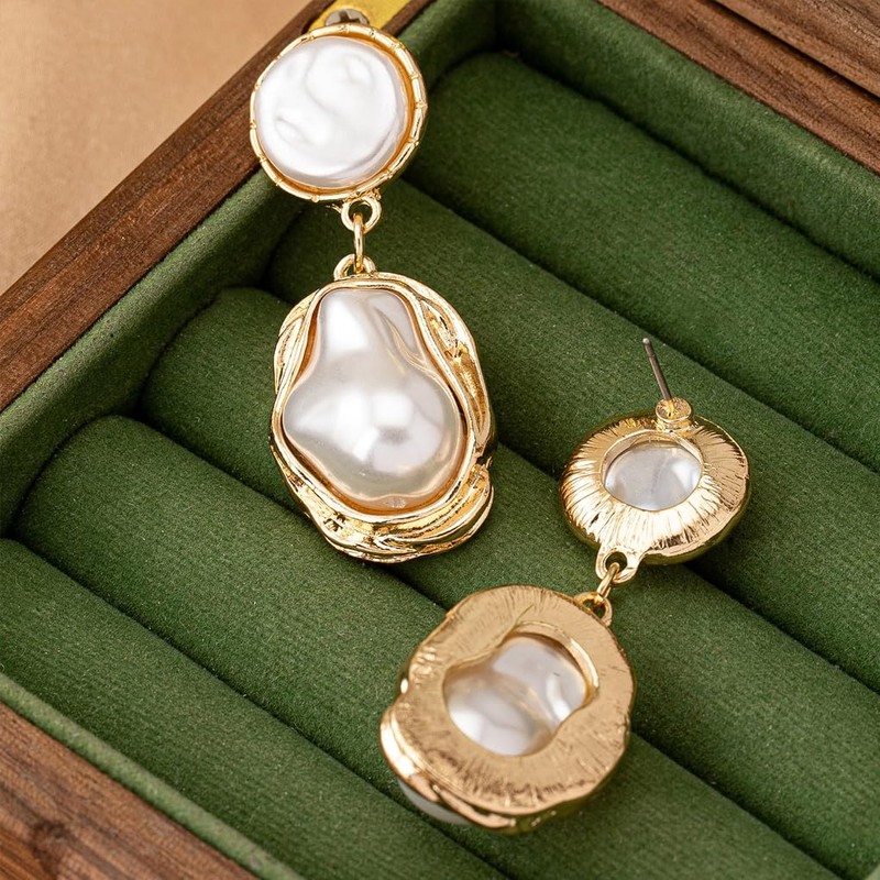 Chunky Gold Baroque Pearl Dangle Earrings for Women Vintage Pearl
