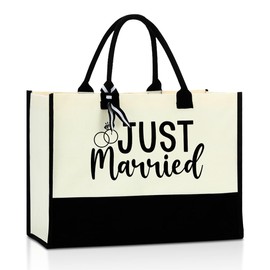 Bride Gifts Just Married Tote Bag, Wedding Bridal Shower Gifts,Engagement Gifts for Couples Wife,Bachelorette Party,Honeymoon Essentials, Fiance Newly Engaged Gifts Beach Bag Reusable Grocery Bags