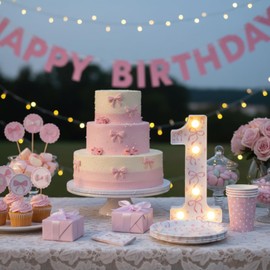 Retisee Light up Number 1 Table Centerpieces Pink Bow Birthday Decorations 8.6'' LED Birthday Light up Sign for Girls Pink Bow Themed Coquette Party Decor