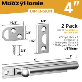 MaozyHomie 4 Inch Solid Brass Surface Bolt, Heavy Duty Concealed Slide Surface Door Bolt, Slide Bolt Latch French Door Lock with Screws for Windows Cabinet Wooden Fence Yard, Brushed Silver, 2 Pack