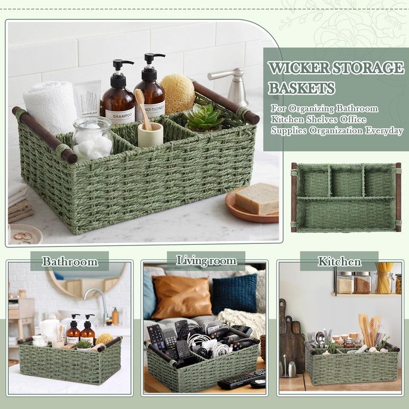 Remerry Sage Green Bathroom Countertop Organizer Caddy, Wicker-Like Divided Basket