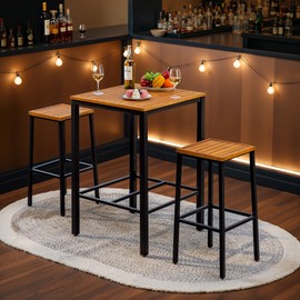 Greesum 3 Piece Patio Acacia Wood Bar Set with high Table and 2 Chairs All-Weather Outdoor Furniture for Backyard, Deck, Garden, Porch,Black