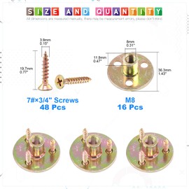 Glarks 64Pcs M8(5/16'') Brad Hole Tee Nut with Mounting Screws Set Zinc Plated Carbon Steel 3-Hole T-Nuts Furniture Hardware Flange Insert Female Thread for Wood Furniture