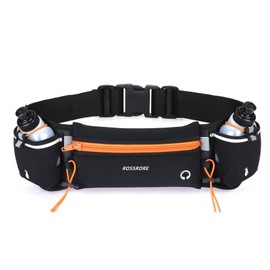ROSSRORE Unisex Running Hydration Belt with 2x6oz Water Bottles - No Bounce Design, Waterproof Waist Pack for Phone, Reflective Gear for Runners, Cyclists, Hiking (Orange)