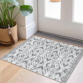 KILOCOCO - Alfombra bohemia de entrada de 2 x 3 pulgadas, alfombra de área pequeña, lavable a máquina, alfombra de cocina, antideslizante, para recámara, entrada, lavandería, geométrica, gris, blanco,