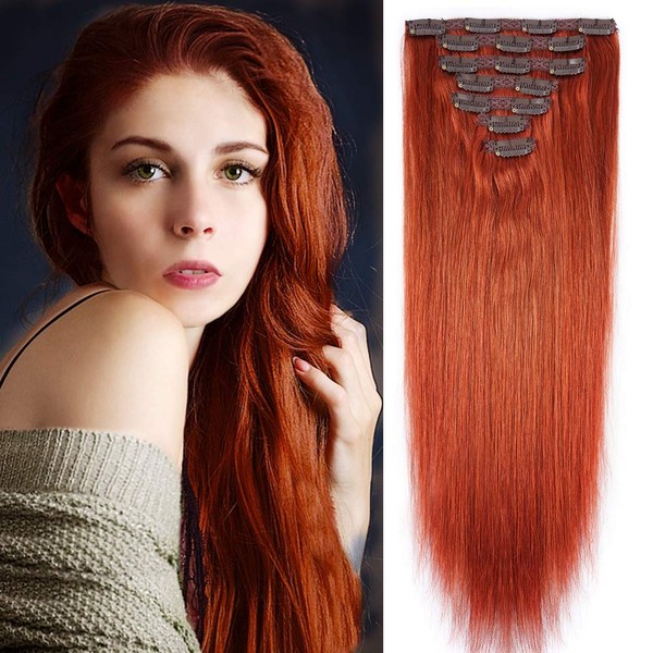 22" Clip in Human Hair Extensions Full Head 200g 10 Pieces 22 Clips Copper Red Double Weft Brazilian Real Remy Hair Extensions Thick Straight Silky (22" 200g, 350#)