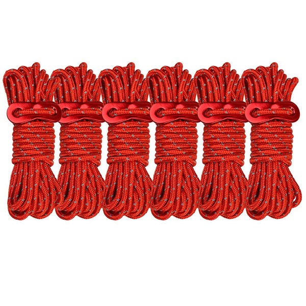 Takelablaze Guy Rope, Paracord Rope, Tent Rope, Guy Line, Tarp Rope, Reflective, 0.16 inches (4 mm) x 16.4 ft (4 mm) x 16.4 ft (4 m) for Camping, Outdoors, Aluminum, with Flexible Brackets, Set of 6 (Red)