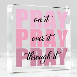 Pink Room Decor, Inspirational Christian Gifts for Women, Pink Dorm Bathroom Room Decoration, Office Decor for Women, Acrylic Office Desk Accessories Decoration Wall Art Sign-Pray through it