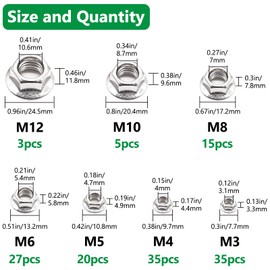 Aienxn 140PCS 7 Metric Sizes 304 Stainless Steel Hex Flange Nuts Assortment Kit -M3, M4, M5, M6, M8, M10, M12