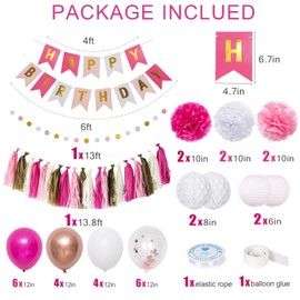 47PCS Pink White Birthday Party Decor Tissue PomPoms Honeycomb Ball Paper Lanterns Balloons Happy Birthday Banner Paper Tassels Garland Circle Dots Hanging Garland Butterfly Wall Decor